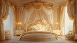 luxurious kids bedroom design featuring a princess bed with elegant curtains, golden decor, and a majestic crown canopy, fit for royalty