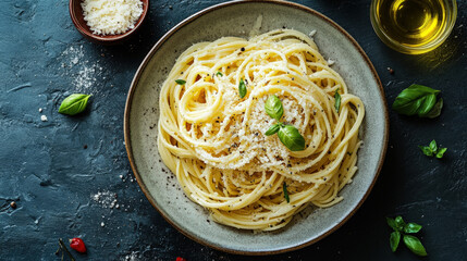 Wall Mural - A plate of pasta with cheese and basil on top