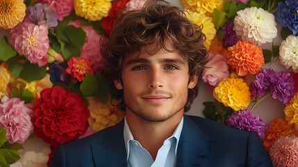 Man in formal attire posed by a floral wall