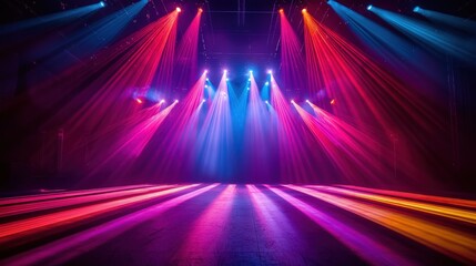 Stage lights creating a kaleidoscope effect, multicolored beams, festive and lively setting, high energy