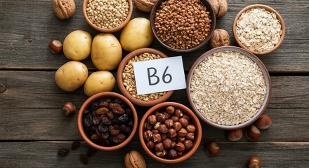 Nuts and grains in bowls with healthy snacks on wooden table nutritious food high in B6 natural ingredients for wellness