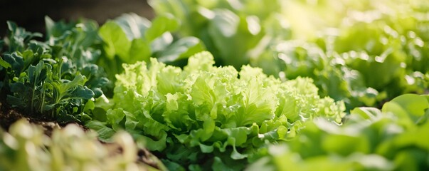 Wall Mural - Lush green lettuce leaves thriving in a garden bed under the summer sunshine