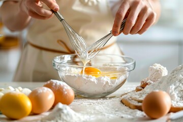 Close up of a man's hands beating eggs in flour in a bowl to make a dessert