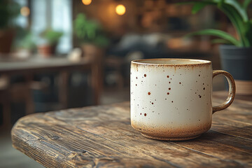 Poster - An unadorned ceramic cup on a plain wooden table, capturing the essence of functional design and understated beauty. Concept of everyday objects and minimal design.