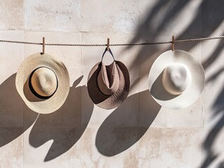 Canvas Print - Three Hats Hanging on a Clothesline