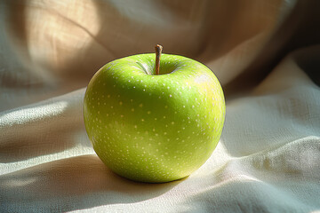 Wall Mural - A single, green apple resting on a plain, neutral-colored tablecloth, showcasing the beauty of simple food presentation. Concept of minimalistic dining and natural aesthetics.