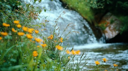 Wall Mural - Tranquil Stream with Wildflowers