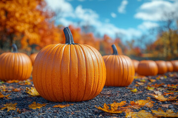 Wall Mural - A pumpkin patch with large, ripe pumpkins ready for harvest, set against a backdrop of colorful fall foliage. Concept of autumn harvest and seasonal traditions.