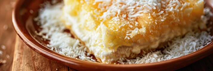 Sticker - Close-up of a classic dessert featuring layers of coconut and creamy white filling.