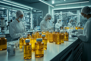 Poster - a pharmaceutical factory with lab technicians and production equipment, demonstrating drug manufactu