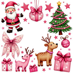 Wall Mural - A festive border features Christmas elements such as a gingerbread man, gifts wrapped with pink ribbons, a Christmas tree adorned with pink decorations,