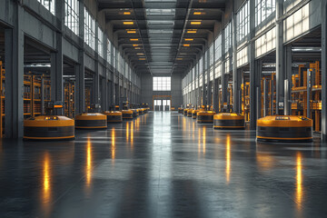 Poster - a modern warehouse with robotic systems for inventory management, illustrating logistics and automat