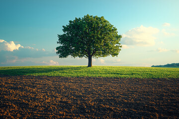 Poster - A lone tree standing on a vast, empty field with no other vegetation in sight, emphasizing solitude and elegance. Concept of isolation and natural simplicity.