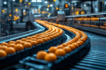 Poster - A food processing plant with conveyor belts and packaging machinery, highlighting the mass production of food products. Concept of food industry and manufacturing efficiency.
