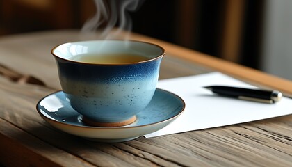 Wall Mural - On the wooden table is a cup of tea with blue edges, next to a piece of white paper and a black pen, exuding a peaceful writing atmosphere.