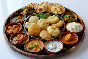 Wall Mural - A large plate of Indian food with many different dishes, including rice, potatoes