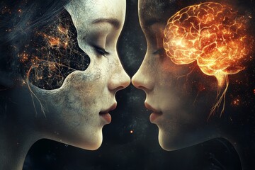 Canvas Print - Shared neural network Brain network Close up of two faces with burning brain illustrations symbolizing passionate ideas and the fiery connection between two minds