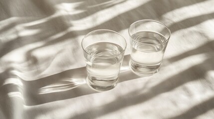 Poster - Two Glasses of Water on a White Sheet with Sun Rays