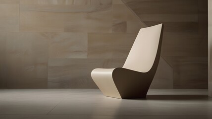 a smooth beige stone-like minimal chair placed in an interior, space for copy