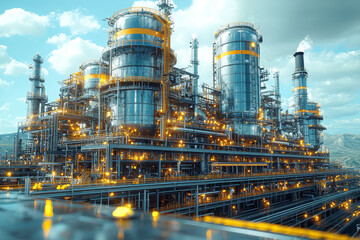 Poster - a chemical processing plant with complex pipelines and tanks, illustrating chemical manufacturing an