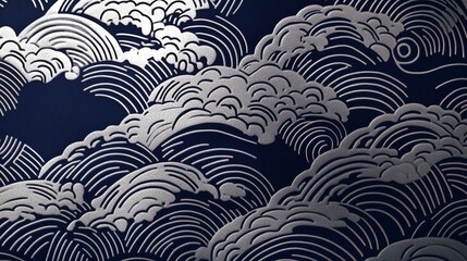 Poster - Embossed Silver Wave Pattern on Dark Blue Surface