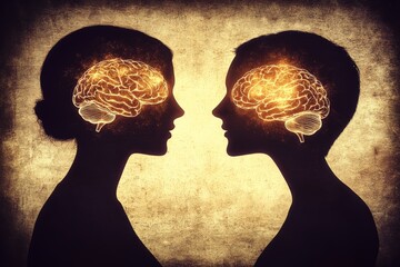 Canvas Print - Cognitive synchronization Skull Vintage style silhouettes of a couple facing each other with connected brains symbolizing the timeless nature of love and intellectual harmony