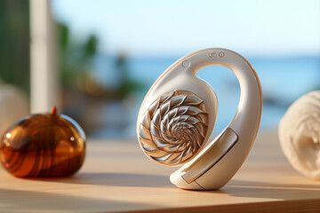 A hearing aid placed beside a seashell. Concept of auditory health. Generative Ai.