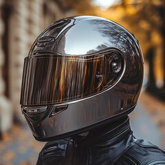 Chrome Motorcycle Helmet with Golden Visor