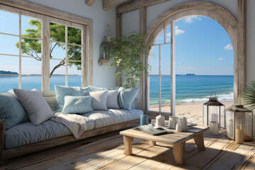 Canvas Print - A cozy beachside cottage with a view of the ocean. Concept of coastal bliss. Generative Ai.