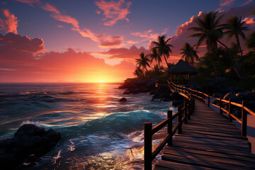 A vibrant sunset over a tropical island. Concept of evening paradise. Generative Ai.