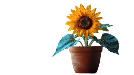 Flowerpot with sunflowers isolated on a transparent background. A flat flowerpot from which a large, stylized sunflower grows.