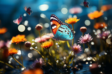Aufkleber - A meadow filled with colorful butterflies and wildflowers. Concept of lively nature. Generative Ai.