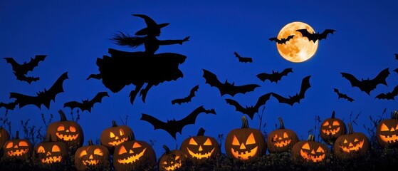 Wall Mural - A witch flying on a broomstick with bats and pumpkins in the foreground under a full moon