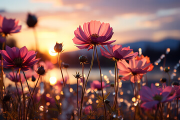 Wall Mural - a charming, flower-filled meadow at dawn. concept of morning bliss. generative ai.