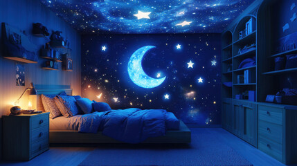 kids room features glow-in-the-dark moon and star ceiling decals, creating a tranquil sleep space and sparking imaginative dreams