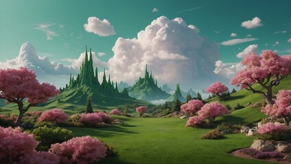 Green screen backdrop with a D cartoon landscape, white clouds, and pink design elements.