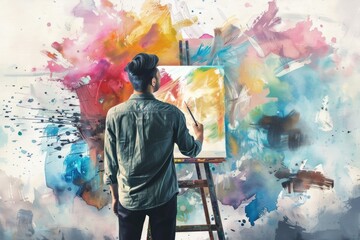 Aufkleber - An artist standing next to his latest work, displayed on an easel