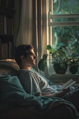 Poster - A person relaxing with a good read in a cozy bedroom setting, suitable for use as a background or illustration for stories about relaxation, leisure time, or literary pursuits