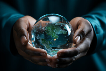Poster - A pair of hands holding the Earth. Concept of global responsibility. Generative Ai.