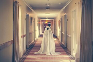 Poster - A ghostly figure stands in a dimly lit hotel hallway, creating an eerie atmosphere