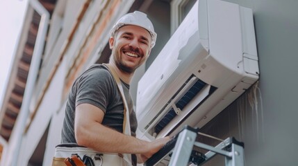 Poster - A person wearing a hard hat holds a window air conditioner