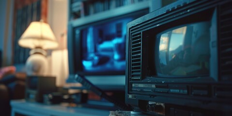 Aufkleber - A television sits on a table beside a lamp, ready for use