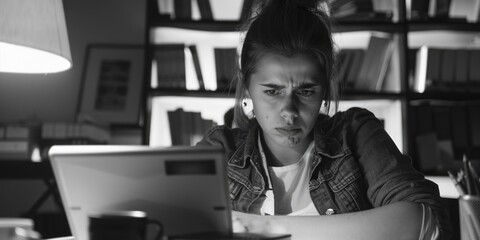 Poster - A person sits in front of a laptop with a focused expression, ideal for illustrations about remote work or digital communication