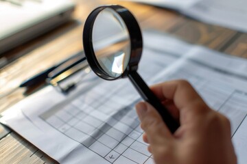 Poster - A person examining a piece of paper using a magnifying glass, ideal for images related to research, study and discovery