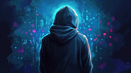 Mysterious Figure in a Dark Blue Hooded Jacket with Glowing Lights and Binary Code Behind Them