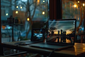 Aufkleber - A laptop computer sitting on top of a wooden table, perfect for working or studying