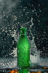 Poster - A green water bottle is spilled on the ground, creating a splash