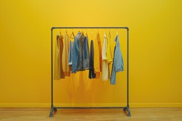 Aufkleber - A rack with clothes hanging against a bright yellow background