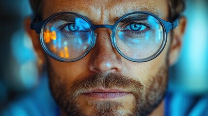 Close-up Portrait of a Man Wearing Round Glasses with Blue Reflections in the Lenses