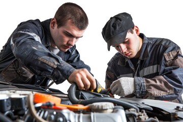 Poster - Two men work together to fix a car engine